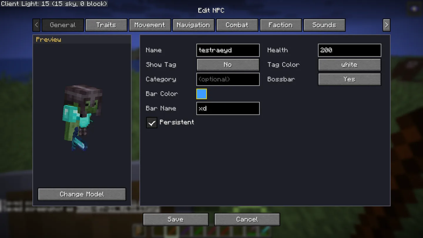 Edit NPC — general settings with live model preview